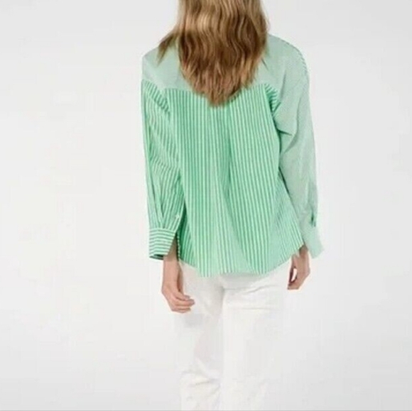 NWT CAbi Dad Shirt Green and White Striped Button Down Shirt - Picture 4 of 14